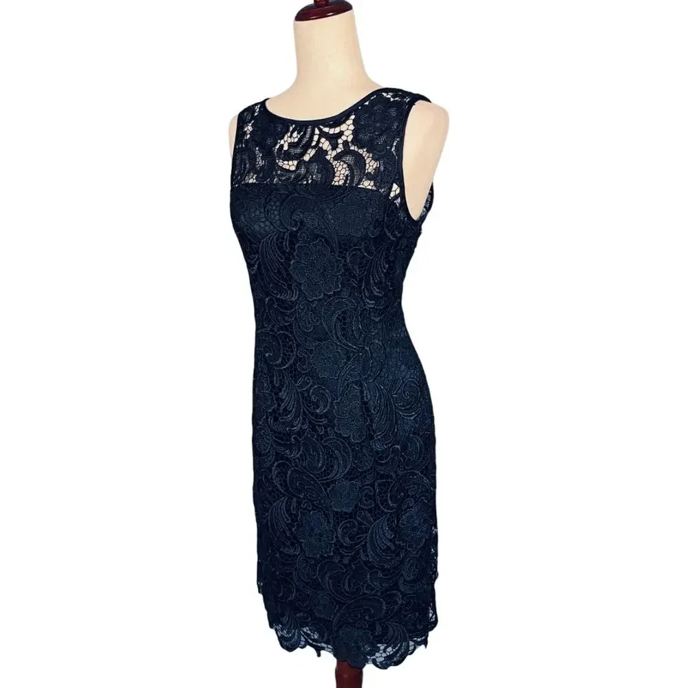Adrianna Papell Special Occasion Navy Blue Lace Sleeveless Sheath Dress Size 8 - Picture 5 of 13